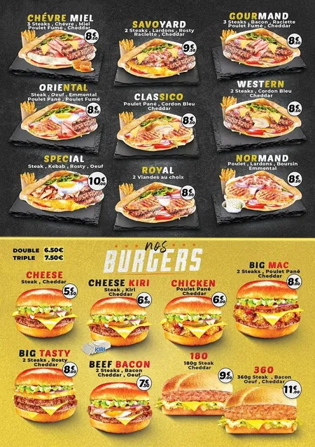 Panneau de la carte des paninis et des burgers, avec photos et prix