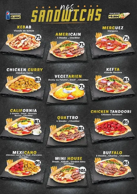 Panneau de la carte des sandwichs, avec photos et prix